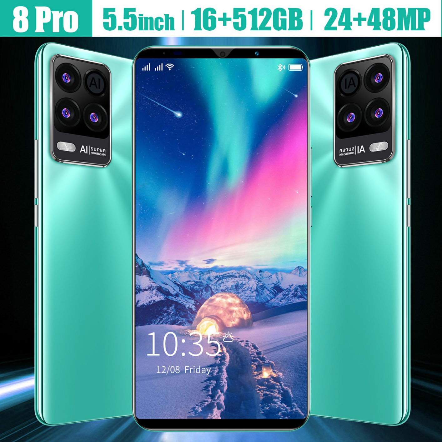 Global Cheap Smart Phone 8 Pro 5.5 Inch 10 Core 16GB 512GB 4800mAh Android 11 MT6889 Fingerprint Face ID Android 11.0 Cellphones