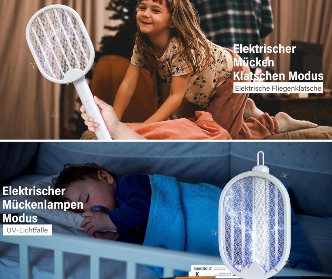 Electric Fly Swatter Mosquito killer Lamp 2 in 1, Foldable, Standing, Wall Mounted, 3000 V with USB, Rechargeable, Suitable for Home, Garden, Camping, Indoor and Outdoor Use