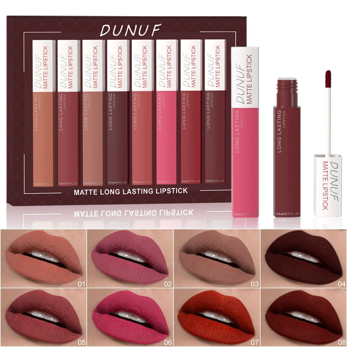 DUNUF 8 Colors Matte Liquid Lipstick Set, 5ml Waterproof Velvet Lip Gloss, Long Lasting Non-Stick Cup Transfer-Proof Pigmented Lip Makeup Kit