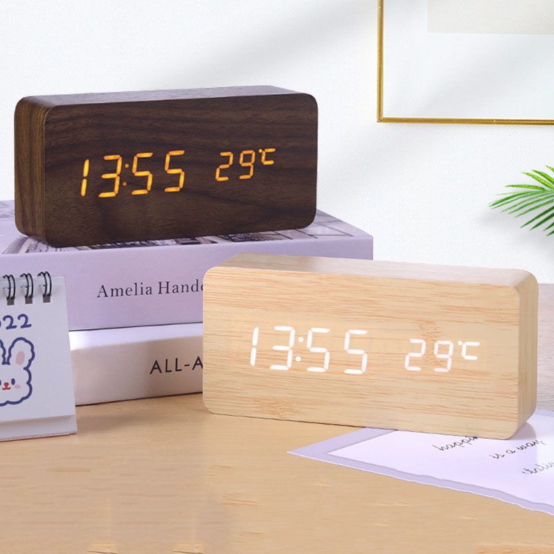 Wooden Desk Alarm Clock with Temperature and Sounds Control Time Calendar Back-light Adjustment