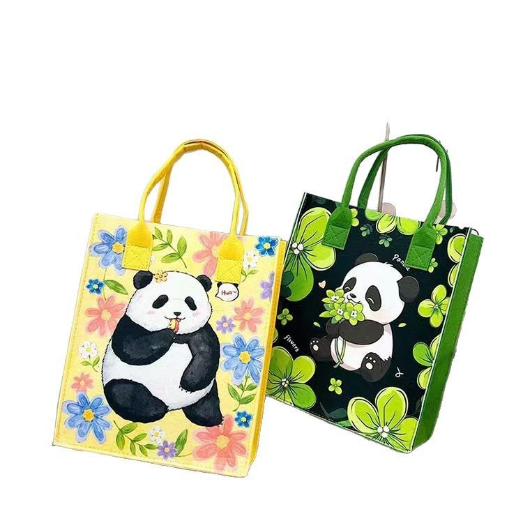 Panda Print Felt Gift Bag - Eco-Friendly Reusable Shopping Bag with Handle, Tissue Paper & Card, Medium Multi-Use Lightweight Grocery Bag for Commute, Students.Size: 30*25*10CM (Yellow or Green）