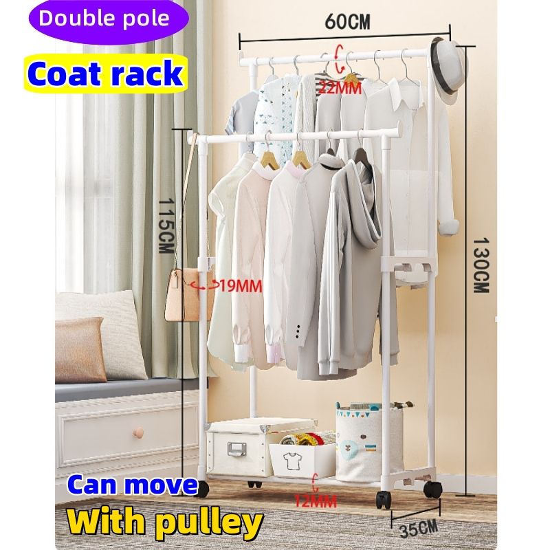 Coat rack ,Shoe and hat integrated storage rack, single pole, double pole, with wheel drying rack, multi-layer storage can move,With pulley