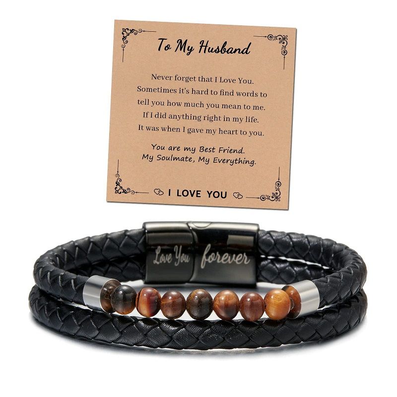 Men's Leather Tiger's Eye Bracelet, "To My Man" Engraved Love You Forever Braided Bracelet, Valentine's Day Anniversary Gift for Him, 8 Styles Available
