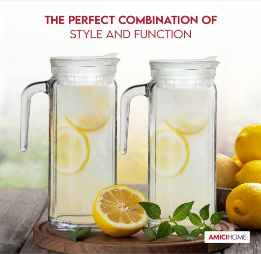 1PCS Quadra Glass Pitcher with Lid and Spout - Transparent Glass Water Pitcher For Iced Tea, Juice, Milk, Cold Brew 