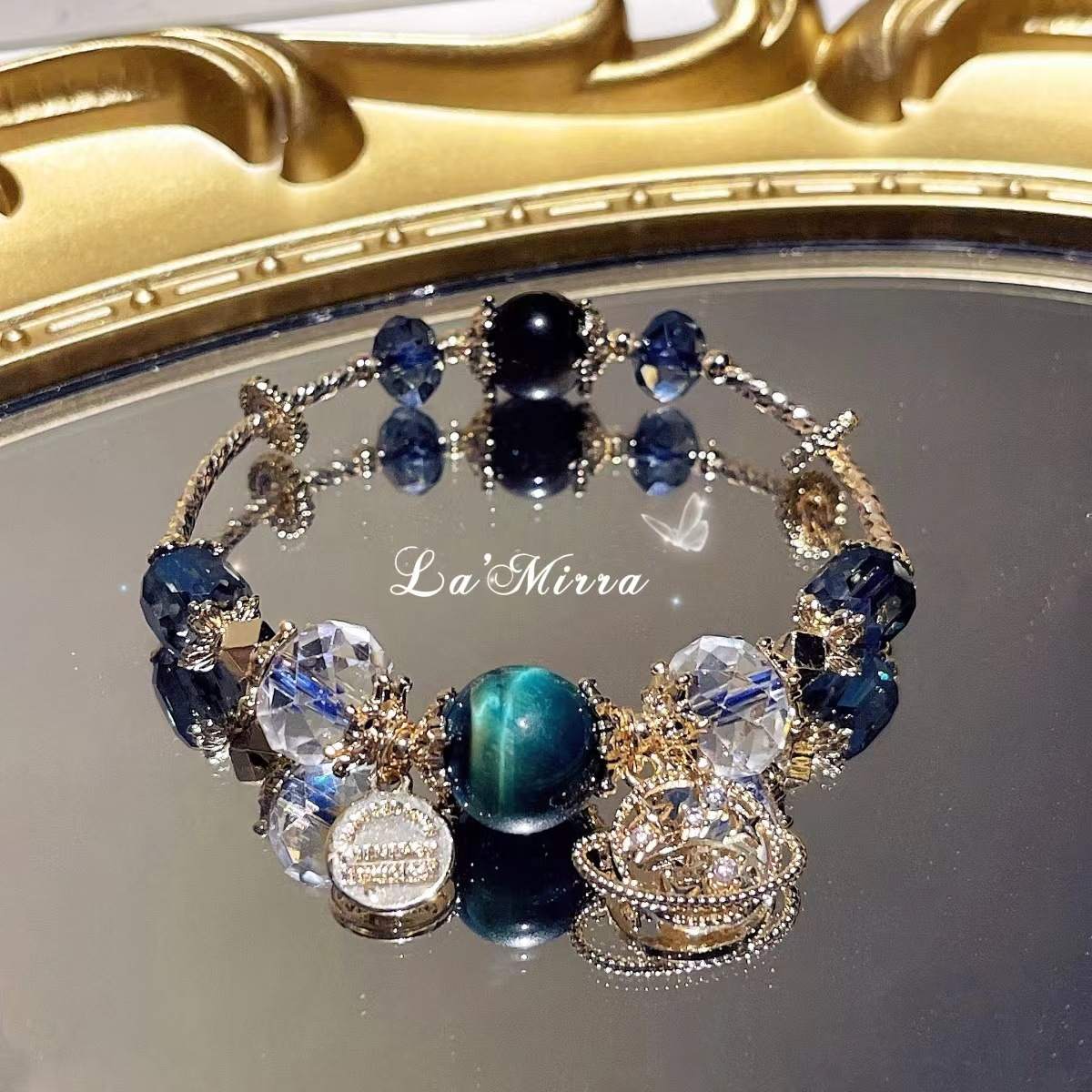 Vintage Royal Court Blue Sandstone Crystal Beaded Bracelet Sweet Chic Style Shiny Crystal Wrist Ornament Luxury French Design Delicate Ladies Bracelet For Dating Wedding