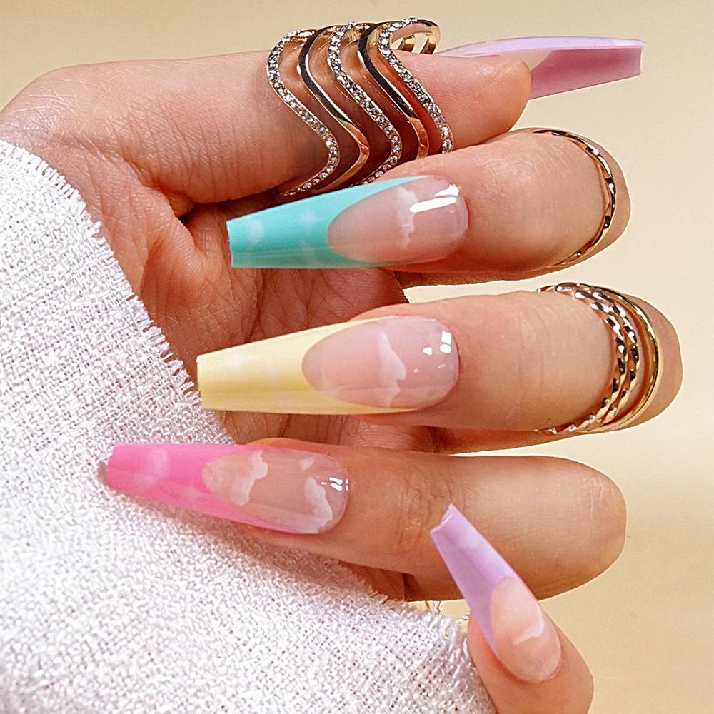 JP1123 Long Coffin Fake Nails Luxury Clear Ballerina Clouds Press on Nail Acrylic Colorful Rainbow Glossy False Nails Tips for Women and Girls-24pcs