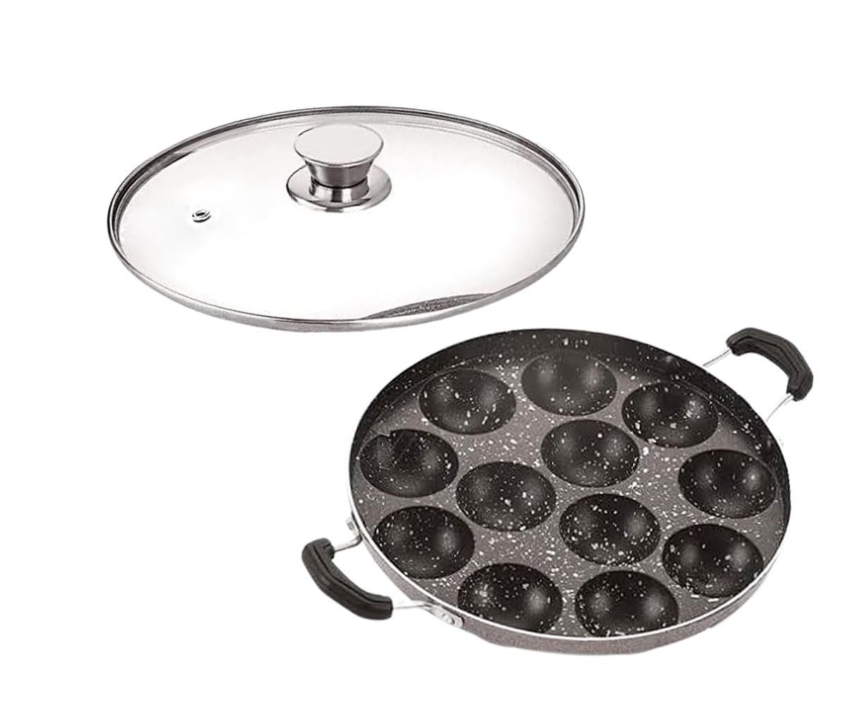 Aluminum Non Stick 12 Cavity Appam Pan,Appam Patra with Glass Lid and Side Handle- Color-Black
