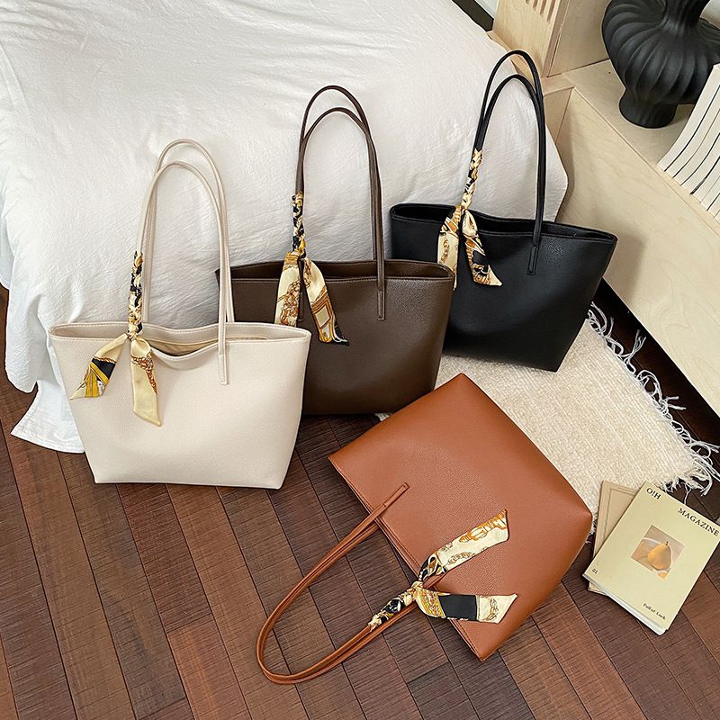 Women's Large Capacity PU Tote Bag with Silk Scarf Accent, Casual & Versatile Shoulder Handbag for Work, School & Daily Use in 4 Colors
