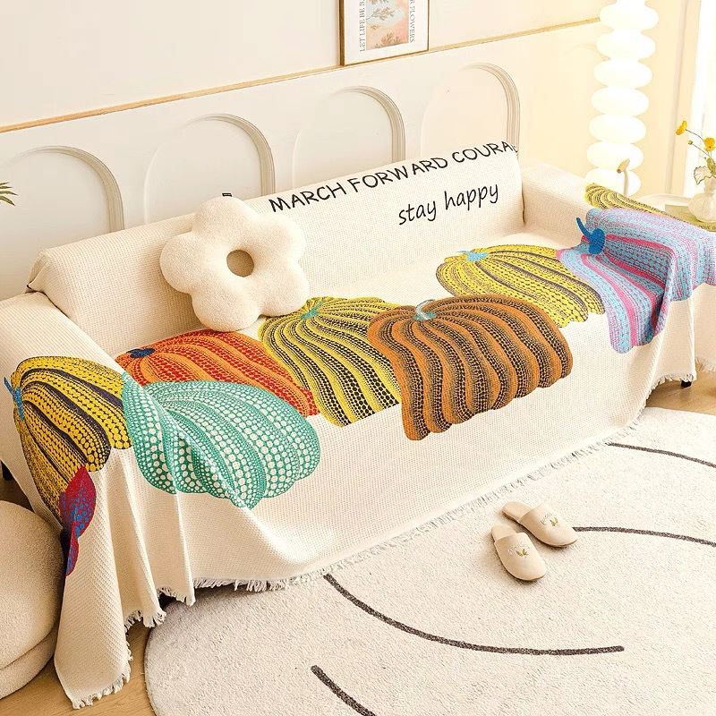 Sofa cushion, woven jacquard pumpkin pattern, straight sofa towel, Double sided tassel anti slip 90*90cm，90*180cm,90*240cm,90*330cm multipurpose carpet,blanket