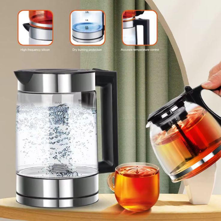 Glass Electric Mechanical Water Heating Electric Kettle Electric Tea Kettle Temperature Control Household Kitchen Home Teapot Set Water Heater Keep Warm Double Big and Small Kettle Together Health Preserving Pot 2.0LDR-6001