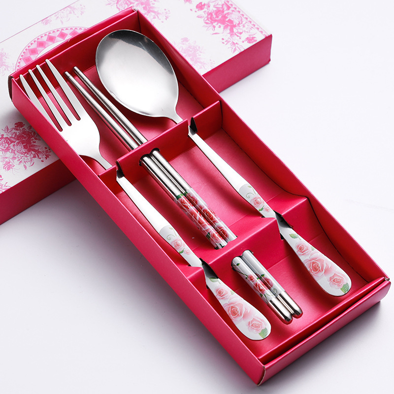 3PC Set of Blue and White Porcelain Tableware Stainless Steel Chopsticks Spoon Fork Gift Box Portable Travel Tableware Set
