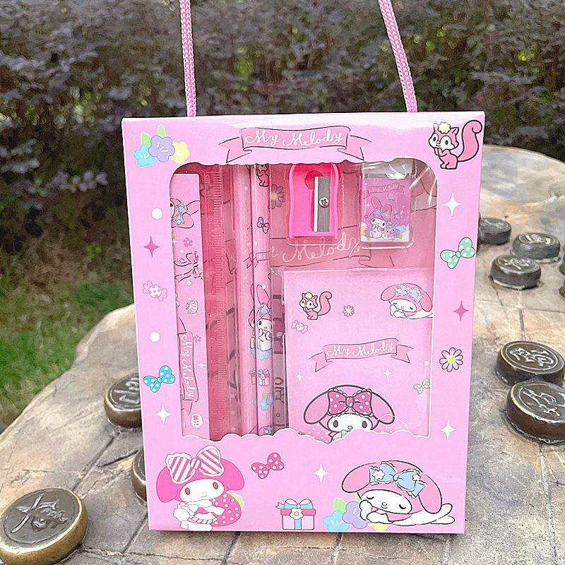 Kawaii Sanrio Painting Primary Stationery Set Kuromi Melody Cinnamoroll POM POM Cartoon Pencil Eraser Pencil Case Student Gifts