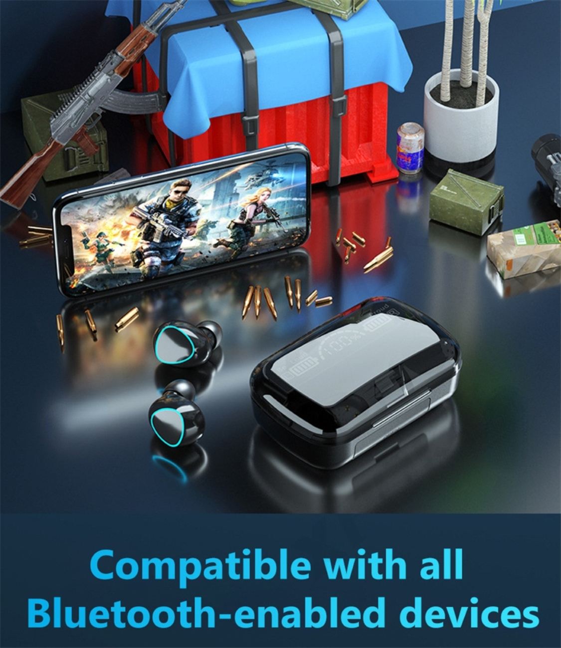 Bluetooth Earbuds with Long Battery Life, Large Capacity, Wireless, Noise-Canceling, Gaming TWS Earbuds for Esports and Sports, In-Ear