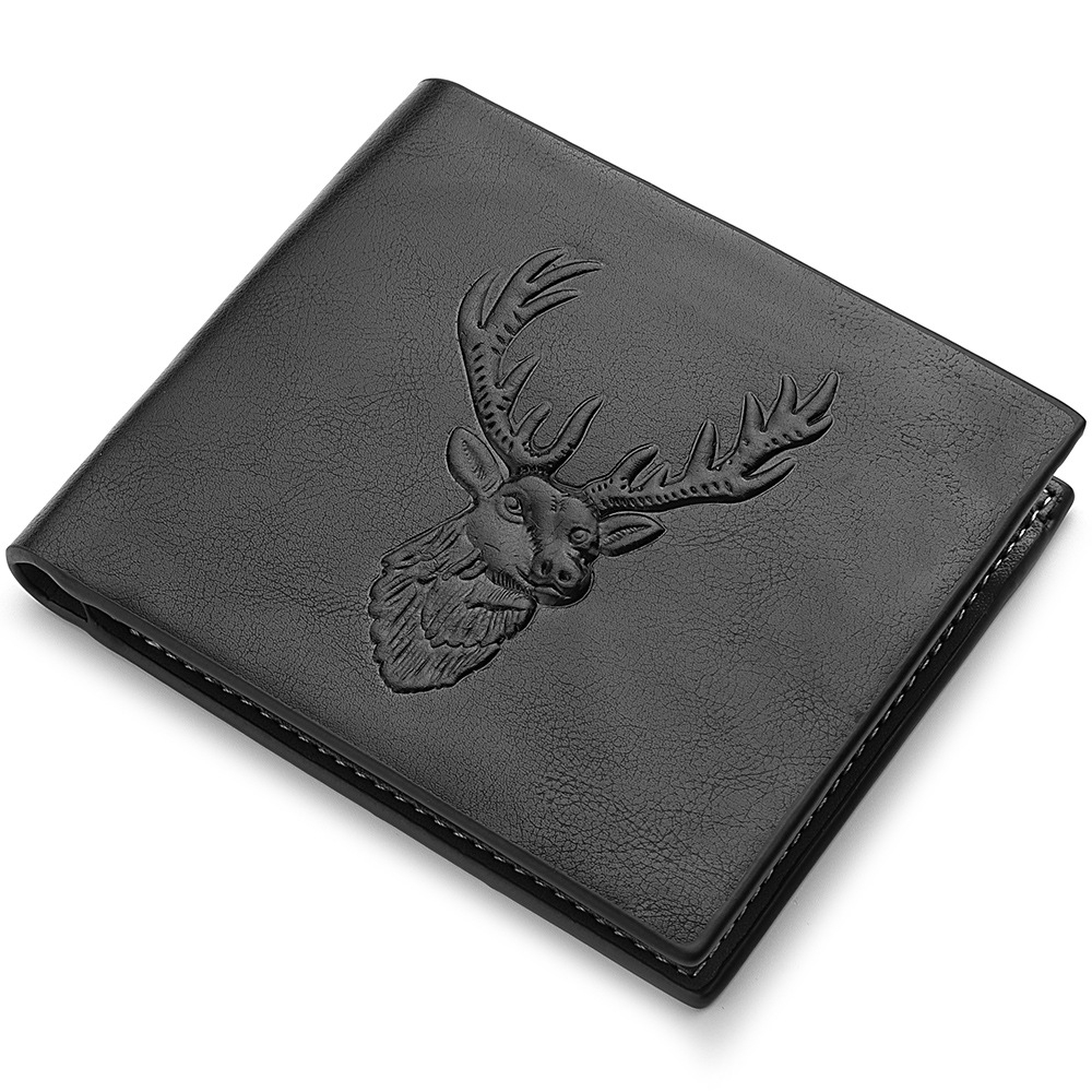 k3259 Men Fashionable Design Deer Pattern Bifold Wallet Pu ID Credit Card Holder Slim Wallet Embossed Short Men Wallet