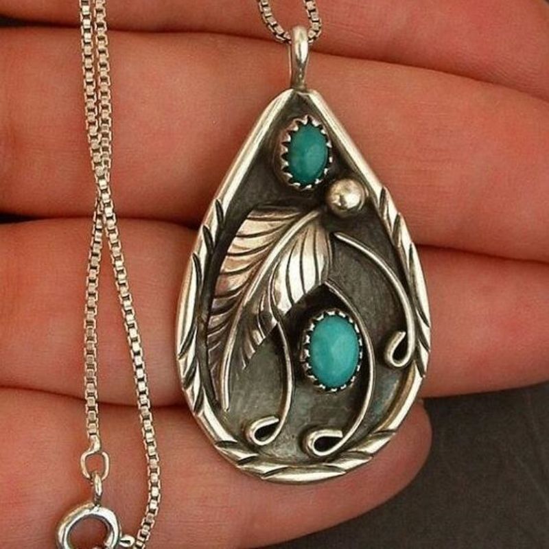 Inlaid turquoise dyed black feather pendant necklace CRRSHOP free shipping