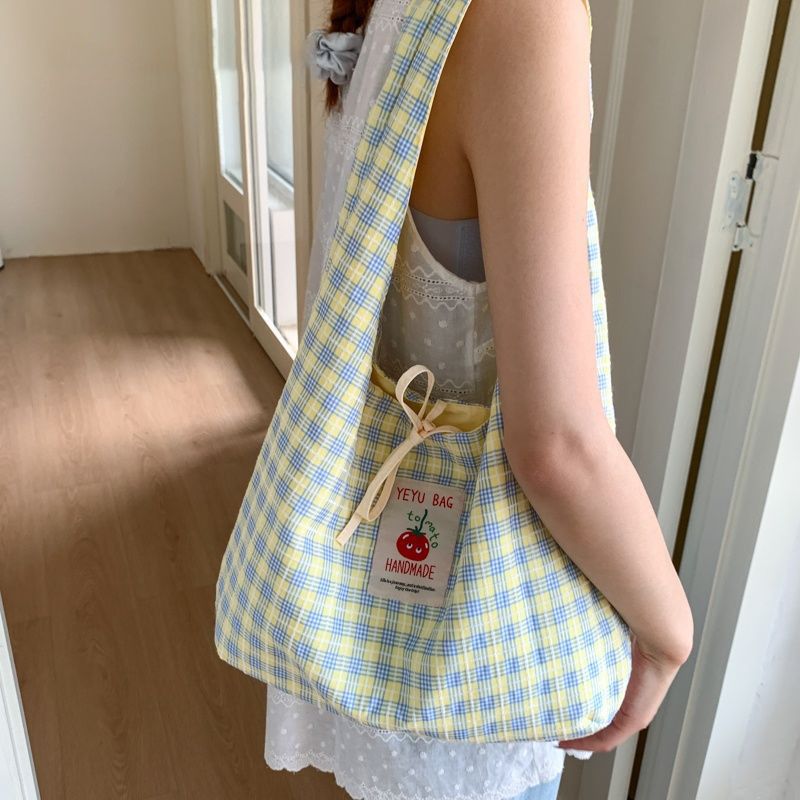 New Japanese Style Fresh Plaid Handbag, Large Capacity Canvas Bag For Students, Casual Daily Lunch Bag And Shoulder Bag For Women
