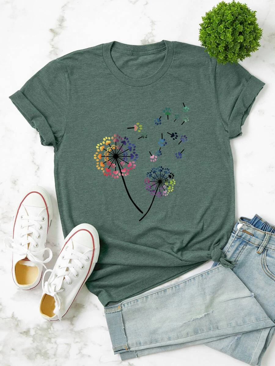 DX060# Women Plus Paw And Dandelion Print Tee T-Shirt