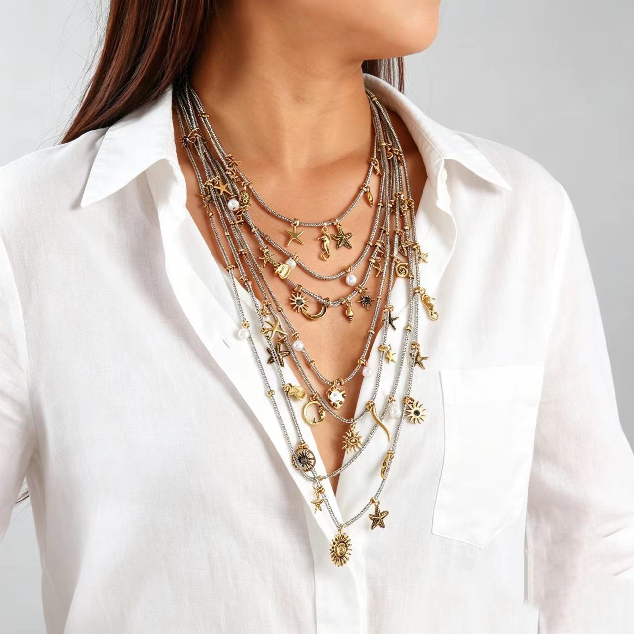 Vintage Multi-Tier Ocean Charm Necklace with Starfish, Seahorse & Sun Pendants, Adjustable 7-Tier Statement Bib Necklace for Women
