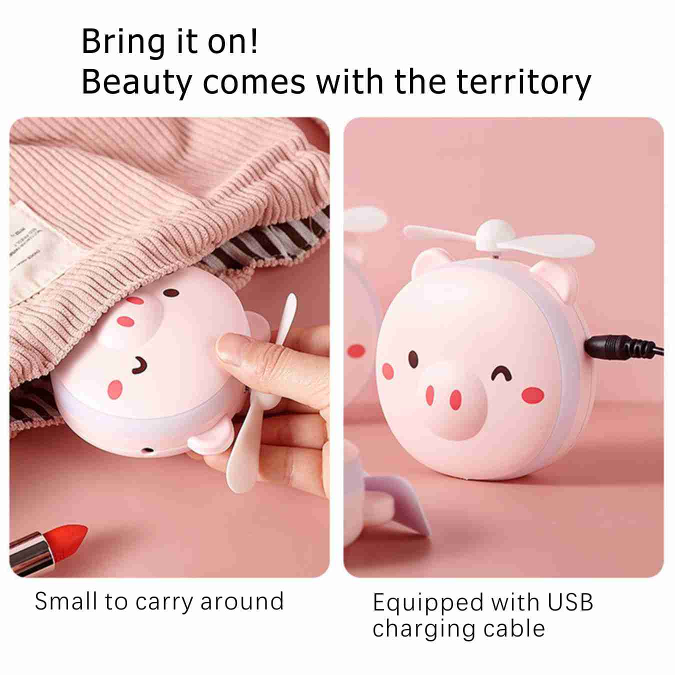 Pink Cartoon Pig Makeup Mirror Portable Rechargeable Led Light Makeup mirror Mini Fill Light Mirror Fan Mirror