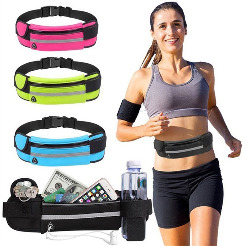 Reflective Running Belt Pouch Fanny Pack, Unisex Waterproof Waist Pouch Phone Holder Adjustable Workout Pack with Headphone Port Fits 6.5'' Phone