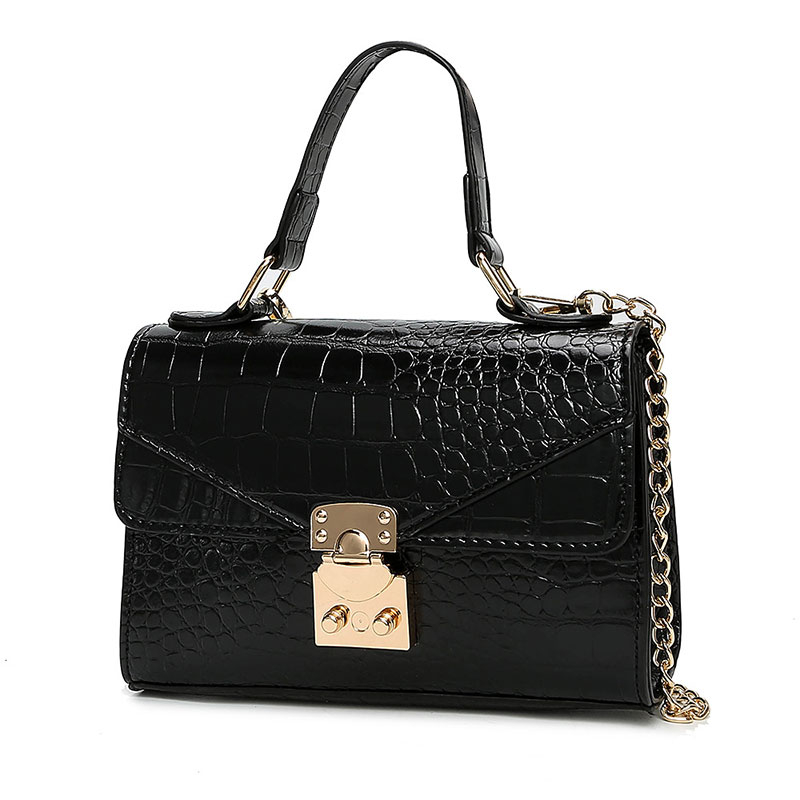 Crocodile Print Faux Leather Satchel Ladies Fashion Flap Over Handbag with Metal Push Lock Decor
