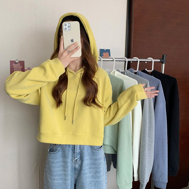 2-1008 Women's New Solid Color Cropped Hooded Top, Thin Loose Long-Sleeved Top