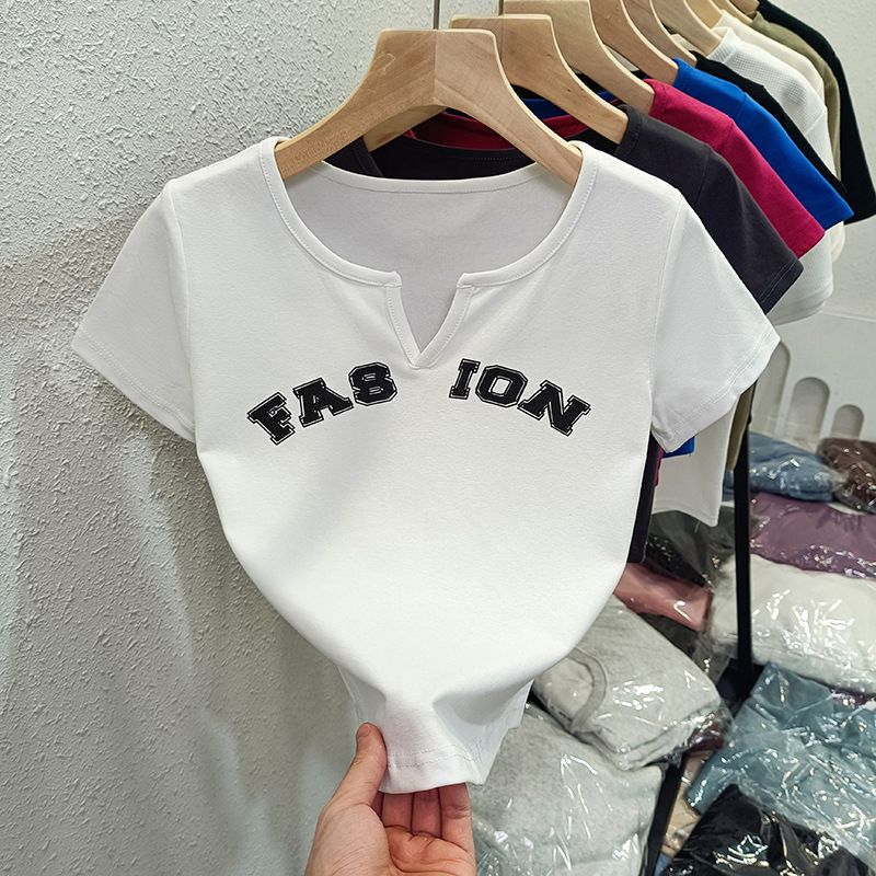YF7722 Women's clothes small V Collar letters printing color contrast slim and midriff short sleeve graphic T-shirt