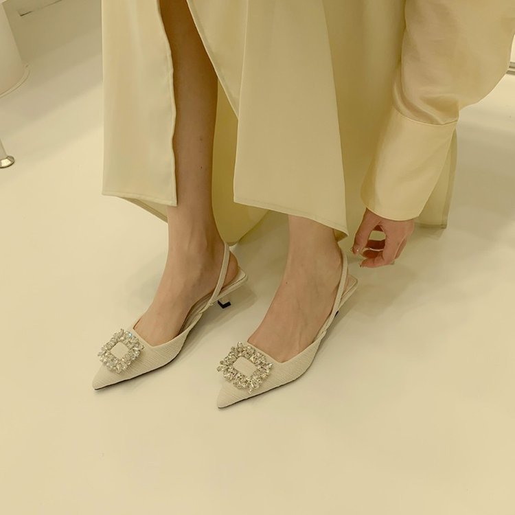 French style low heel pointed head square buckle rhinelene sandal female bag head back empty elastic belt thin heel sandal female2