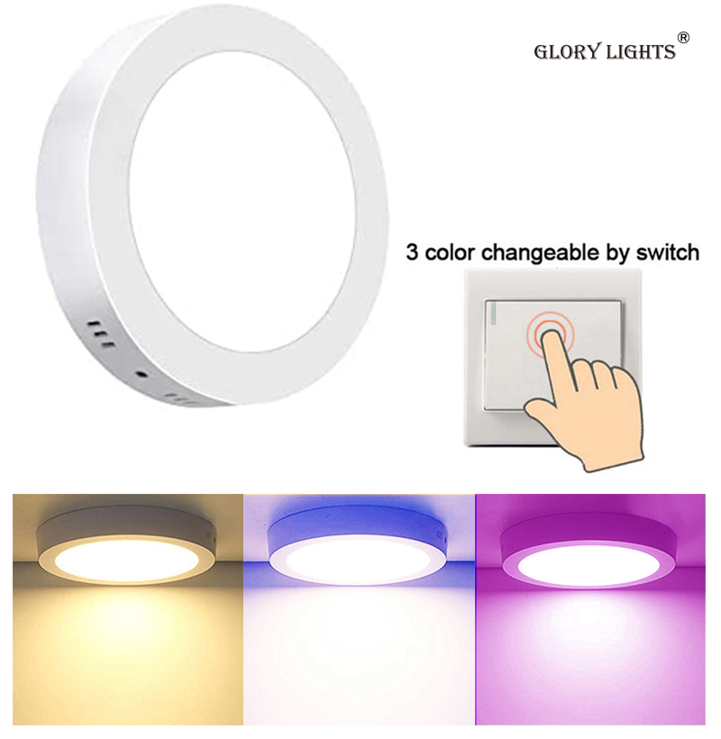  Glory lights LED Recessed Mount Panel Ceiling Light Fixtures - 6W 12W 18W 24W Tri-Color Dimming Flat Circular Surface Mount Downlight for Closet/Corridor/Staircase/Kitchen/Basement Lighting