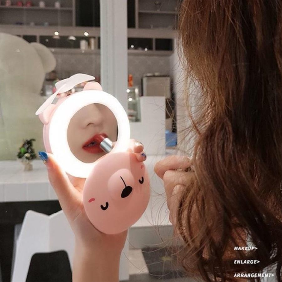 Pink Cartoon Pig Makeup Mirror Portable Rechargeable Led Light Makeup mirror Mini Fill Light Mirror Fan Mirror