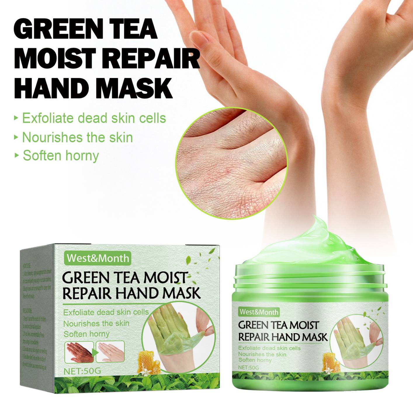 West&Month Green Tea Moisturizing Hand Wax Whitening Skin Hand Mask Repair Exfoliating Calluses Film Anti-Aging Hand Skin Treatment Cream