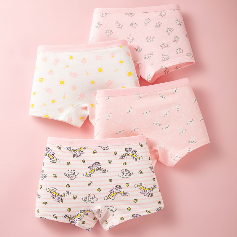 4-Pack of Girls' Cotton Boxer Underwear Soft Comfortable and Cute Cartoon Children's Boxer Briefs Size S-3XL Age 3-8 Years