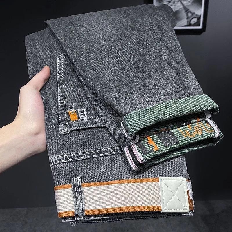 High-grade men's jeans spring and autumn new all-in-one trend elastic small straight tube ash printed long pants washed T201