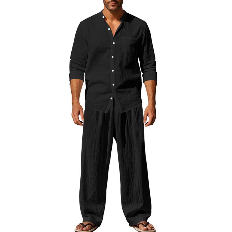 Men's Clothing Sets Two-Piece Outfits Flax Men's Casual Loose Breathable Long Sleeve Long Pants Shirt Beach Set