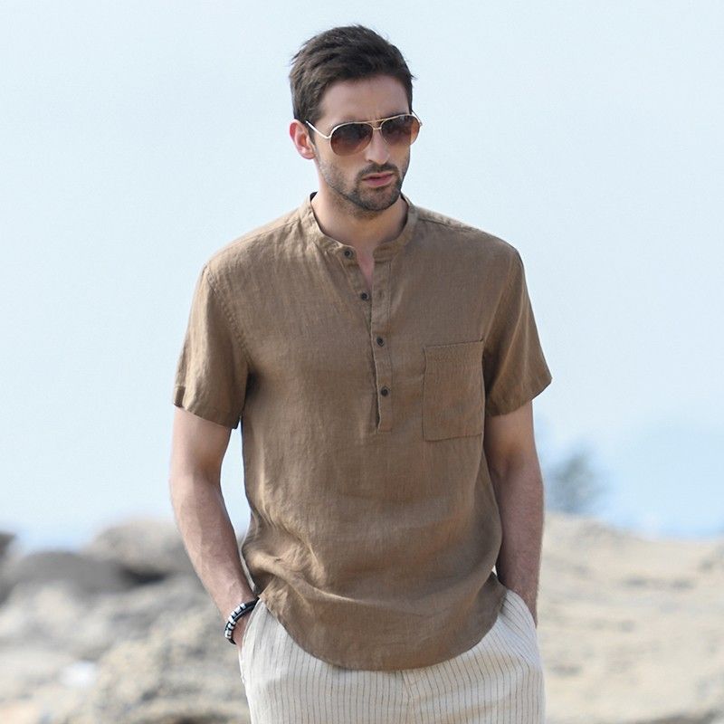 Men's Henley Neck Cotton Linen Shirt, Casual Solid Color Short Sleeve Tee Shirts, Lightweight Breathable Loose Fit Button Down Tops, Summer Fashion Daily Streetwear Office Blouse for Men