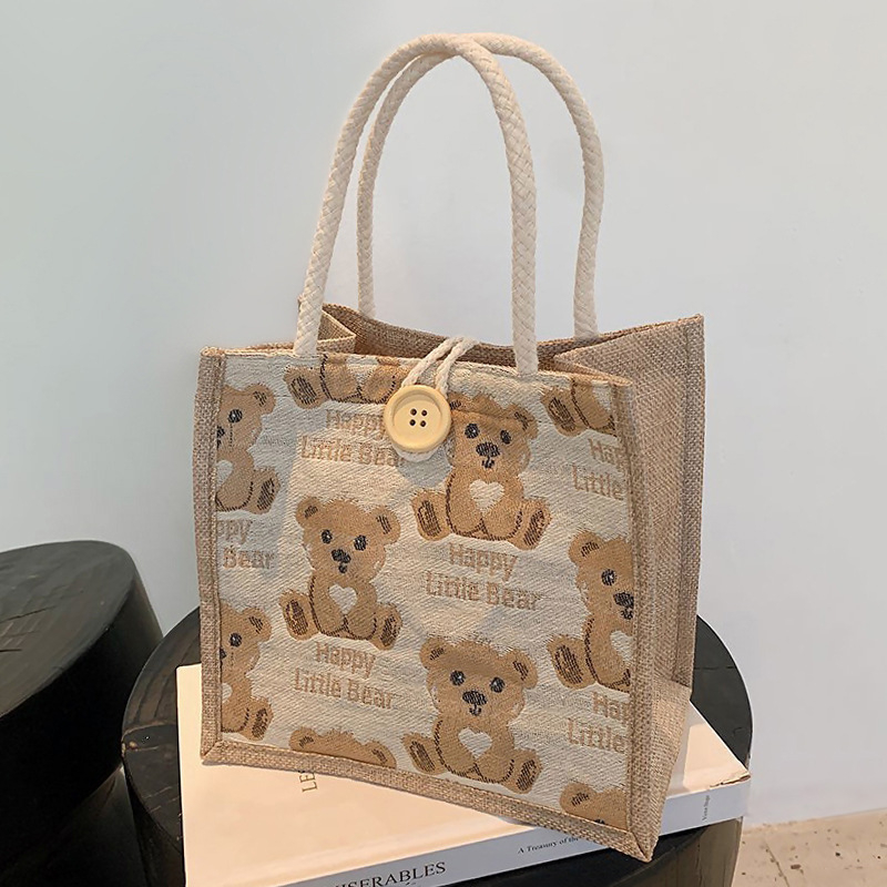 Cute Bear Pattern  Lunch Bag Flax Girl Student Handbag Outdoor Handbag Casual Lunch Bag Underarm bag
