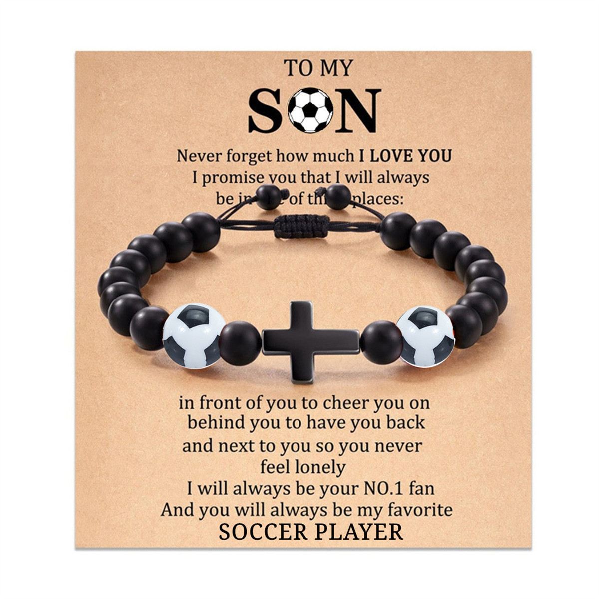 Sports Soccer Cross Charm Wooden Beaded Bracelet, Handmade Adjustable Braided Rope Wrist Jewelry With Matte Black Stone Beads, Multiple Sports Ball Style Options, Stylish Casual Athlete Daily Accessory, Versatile Meaningful Gift Bangle With Matching Message Card For Daily Outfit Fashion Matching