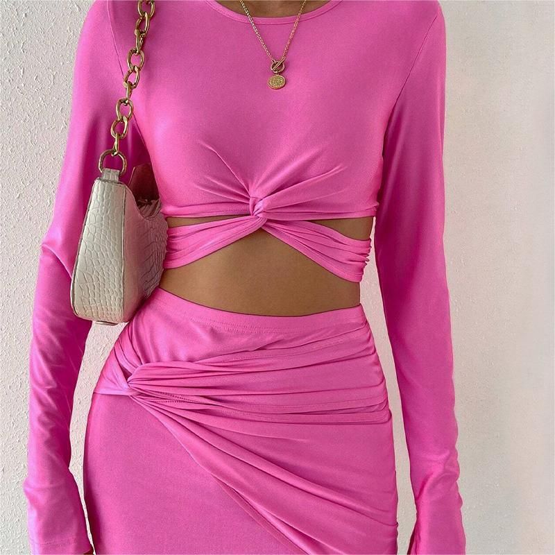 ZUDH0150 Women's Autumn/Winter New Short Long Sleeved T-Shirt Elastic Waistband and Hip Short Skirt Two-Piece Set