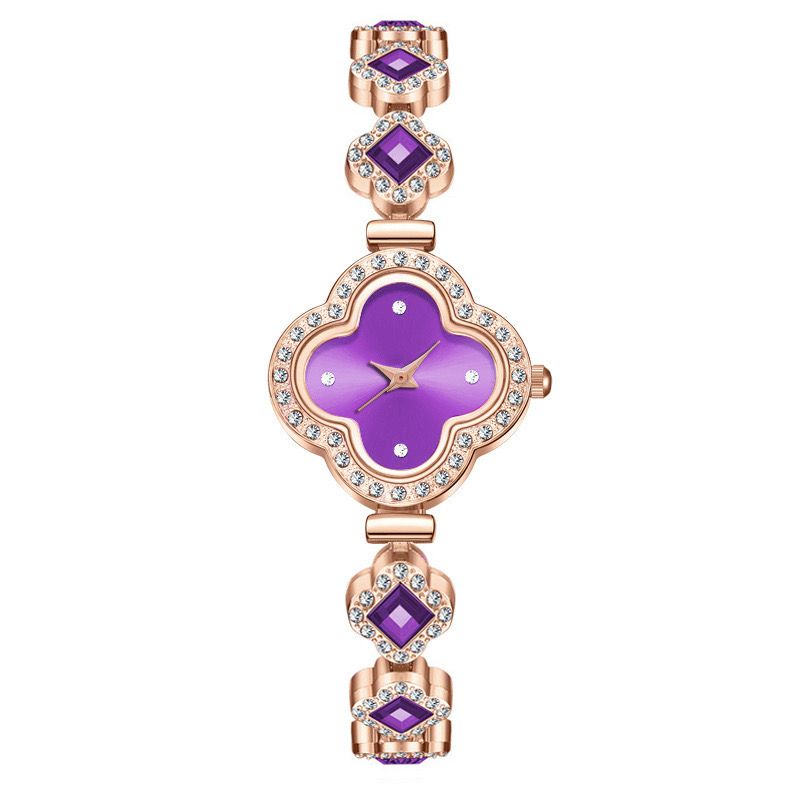 Women's watch with rose gold and diamond red dial four-leaf clover Bracelet watch; Fashion bracelet designPurple