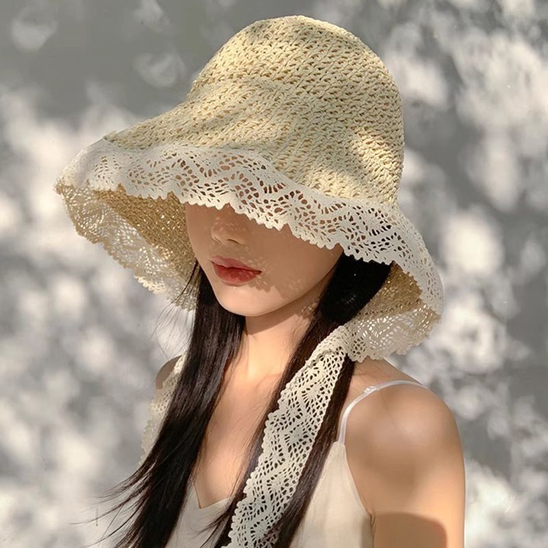 Women's Lace Trim Crochet Straw Sun Hat, Foldable Breathable Bucket Hat with Ribbon, UV Protection Summer Beach Cap, 2 Colors Available, Fits 56-58cm Head Circumference