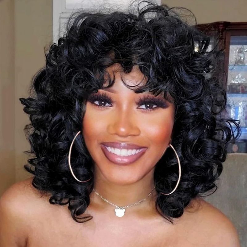 Curly Wigs for Black Women Soft Black Short Curly Wig with Bangs Afro Loose Curls Heat Resistant Synthetic Wig  (Black)