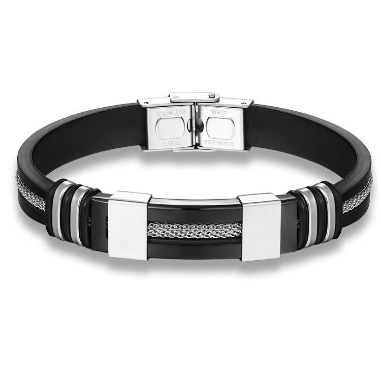 0053 Fashion Punk Style Smooth Multicolor Stainless Steel Men's Bracelet for Men Luxury Jewelry Charm Black Silicone Bracelet