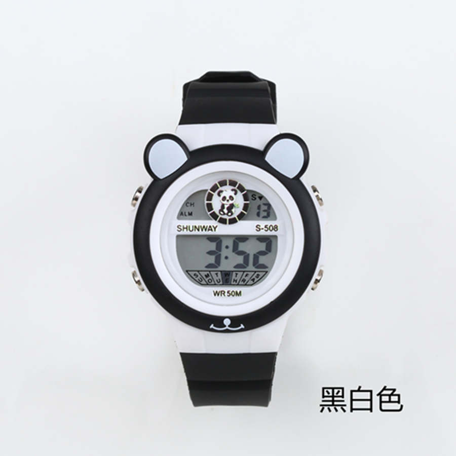 New stock panda cartoon children's electronic watch student party waterproof night light multifunctional alarm clock electronic watchBlack and white