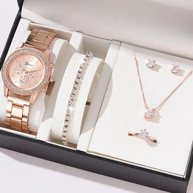 6PCS Set Luxury Watch Women Ring Necklace Earring Rhinestone Fashion Wristwatch Casual Ladies Watches Bracelet Set Clock