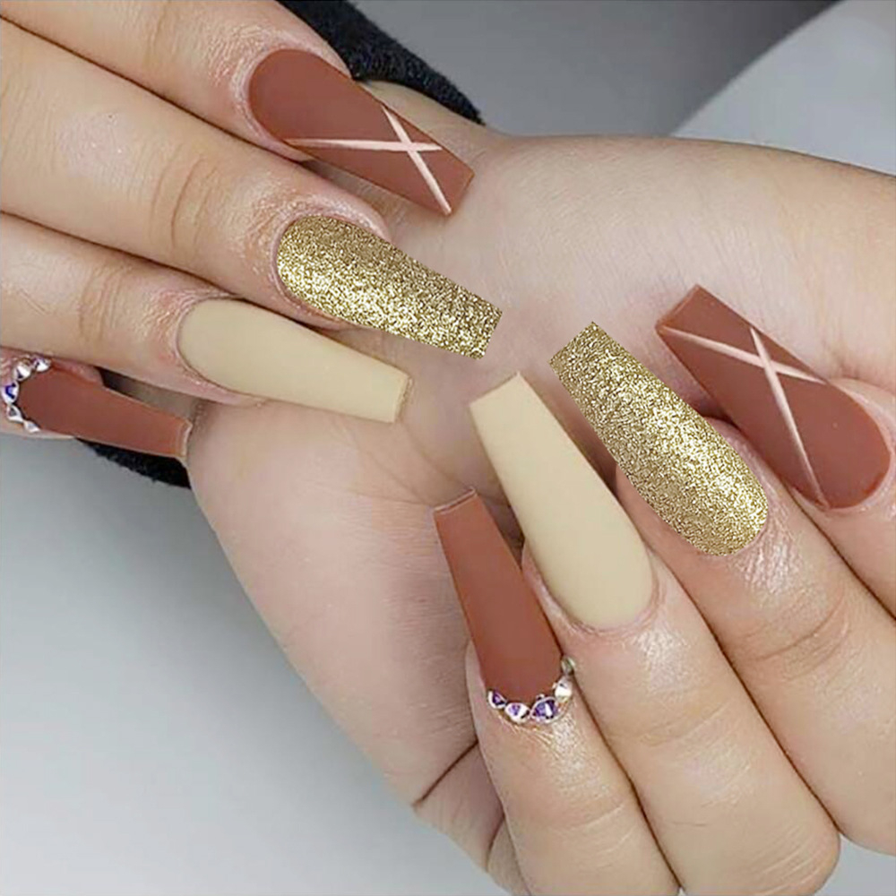 24Pcs Coffee Color Gold Foil Long Coffin Ballerina False Nails With Rhinestone  Full Cover Fake Nails 