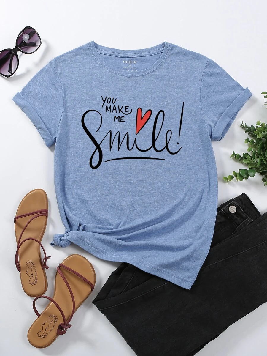 DX0115# Women Slogan & Heart Print  Tee T-Shirt
