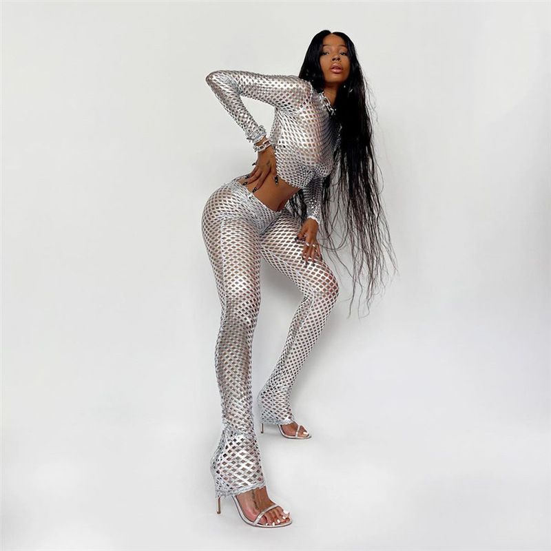 K21S05678 Shiny See Through Two Pieces Set Solid Hollow Out O-neck Long Sleeve Top leggings suit Fashion Hot Mesh Style Streetwear Bottom