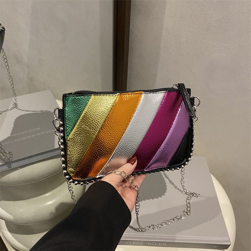 Twill rainbow 2025 spring Korean version fashion splicing foreign style chain diagonal stripe one shoulder sling small square bag woman