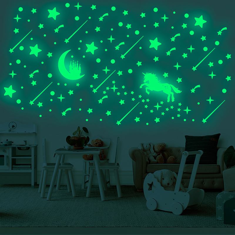 Glow in The Dark Unicorn Wall Decals Glowing Moon Meteors Ceiling Stickers Star Unicorn Fluorescent Wall Decors for Kids DIY Bedding Room Nursery Room Baby Shower Decoration Party