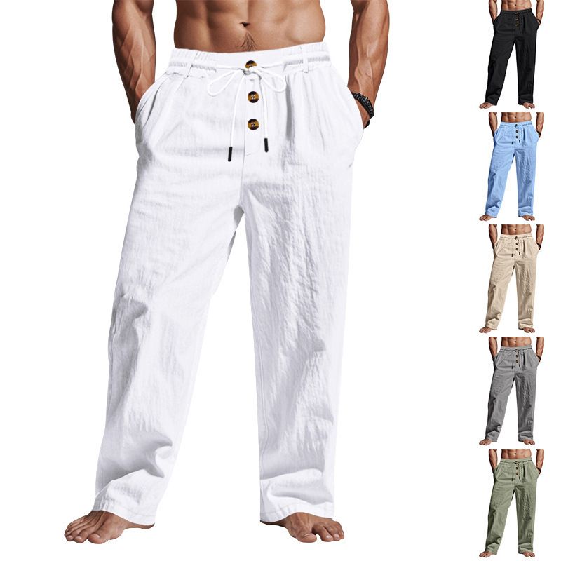 888920 Men Summer Breathable And Comfortable Linen Straight Trousers Man Fashion Casual Style Trouser For Male Black Pants Long Pant